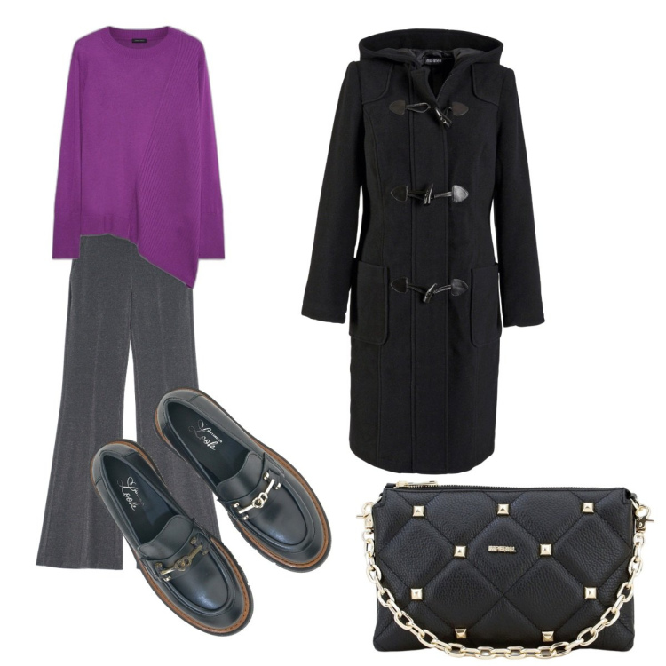 Outfit donna - Giornata dedicata. Stile Casual chic per Tutti i giorni. Abbinamento con montgomery, pantaloni, pochette, mocassini, maglieria.