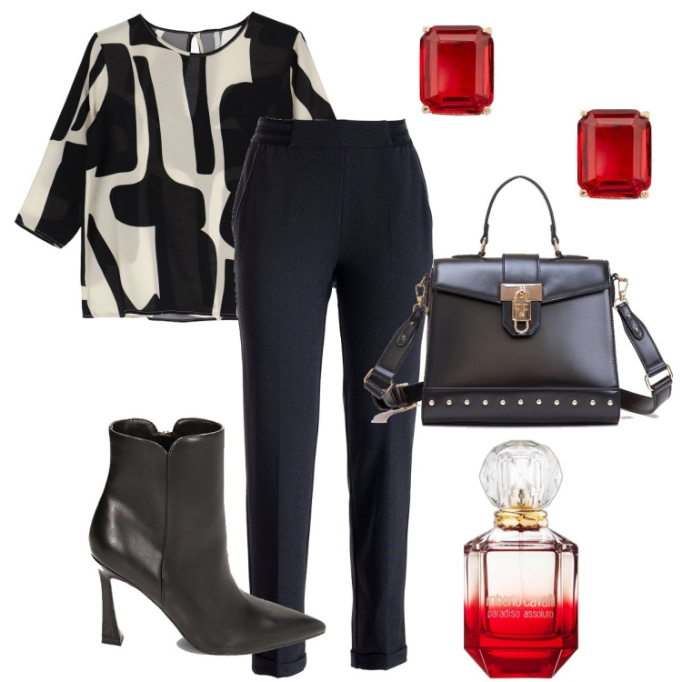 Outfit donna - I pantaloni a sigaretta. Stile Bon Ton per Serata fuori. Abbinamento con profumi, maglieria, pantaloni chino, borse tote, stivaletti, orecchini.