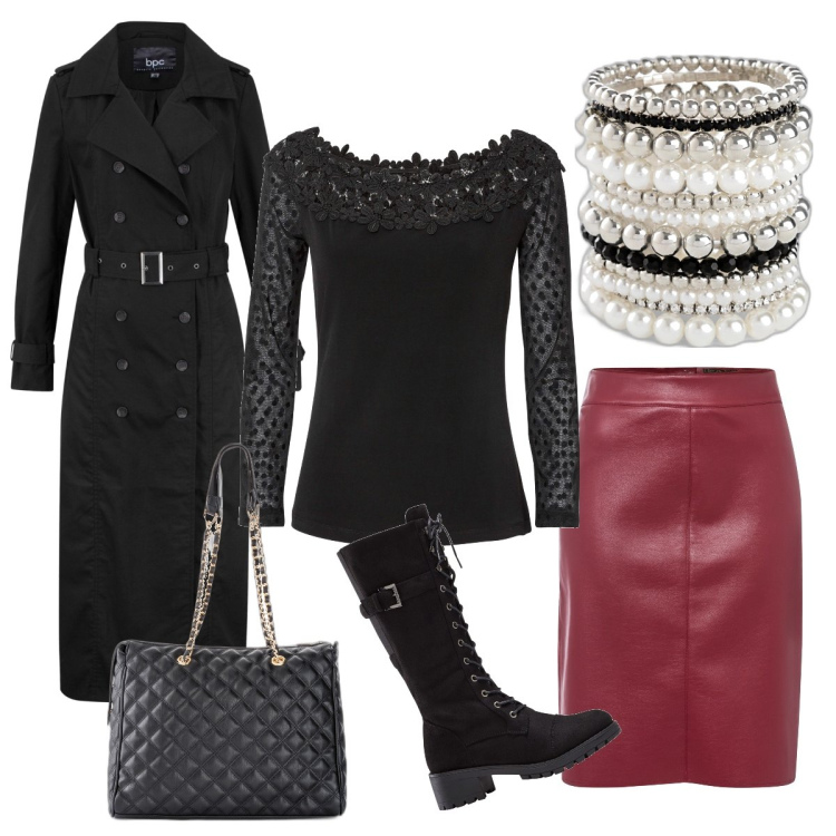 Outfit donna - Capodanno in casa di amici. Stile Glamour per Serata fuori. Abbinamento con stivali, braccialetti, shopping bag, gonne longuette, maglieria, trench.