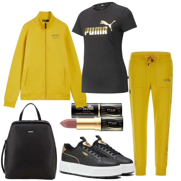 Outfit donna - Tuta gialla per una lunga passeggiata. Stile Basic per Sport. Abbinamento con rossetti, zaini, pantaloni sportivi, felpe sportive, sneakers, t-shirt.