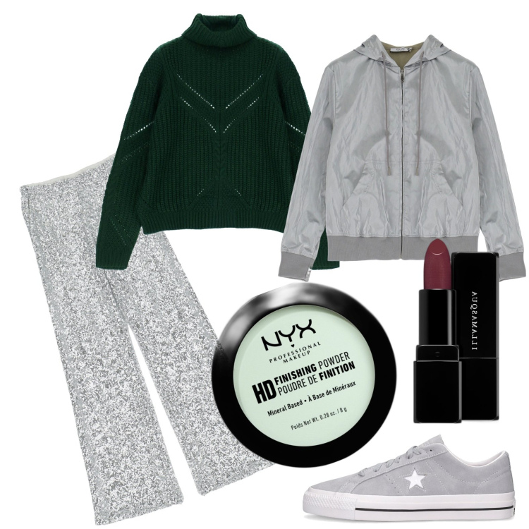 Outfit donna - In sneakers e pantalone di paillettes. Stile Basic per Tutti i giorni. Abbinamento con ciprie, rossetti, cappotti, maglieria, pantaloni, sneakers.