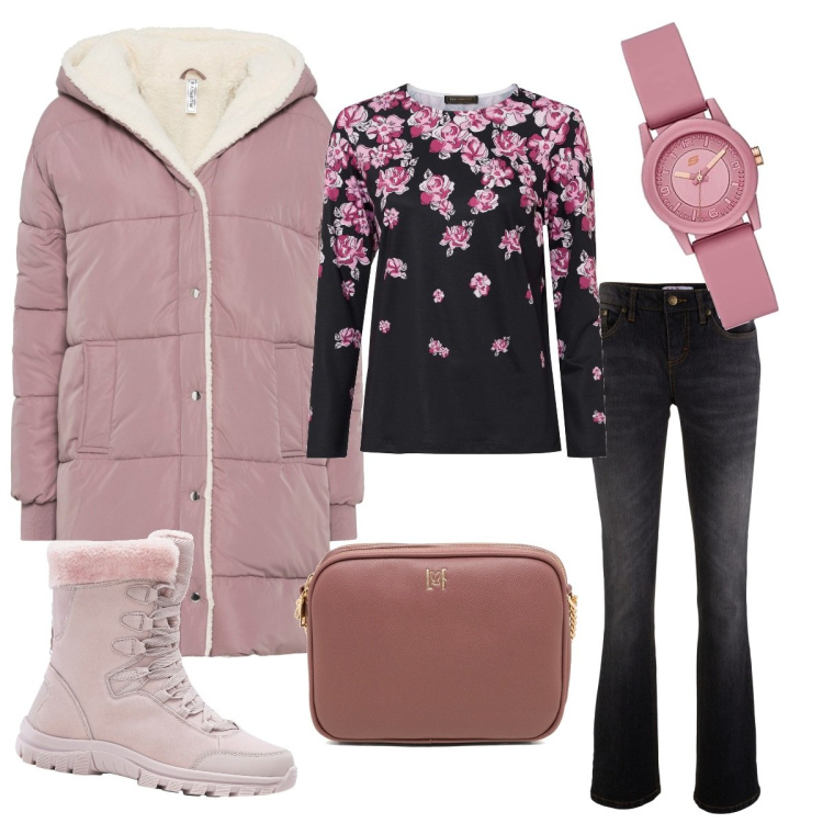Outfit donna - Passeggiata pomeridiana. Stile Casual per Tutti i giorni. Abbinamento con jeans bootcut, maglieria, cappotti, stivaletti, borse a tracolla, orologi digitali.