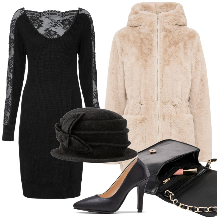 Outfit donna - Capodanno Bonprix. Stile Bon Ton per Serata fuori. Abbinamento con ecopellicce, borse a tracolla, vestiti, cappelli, décolleté.