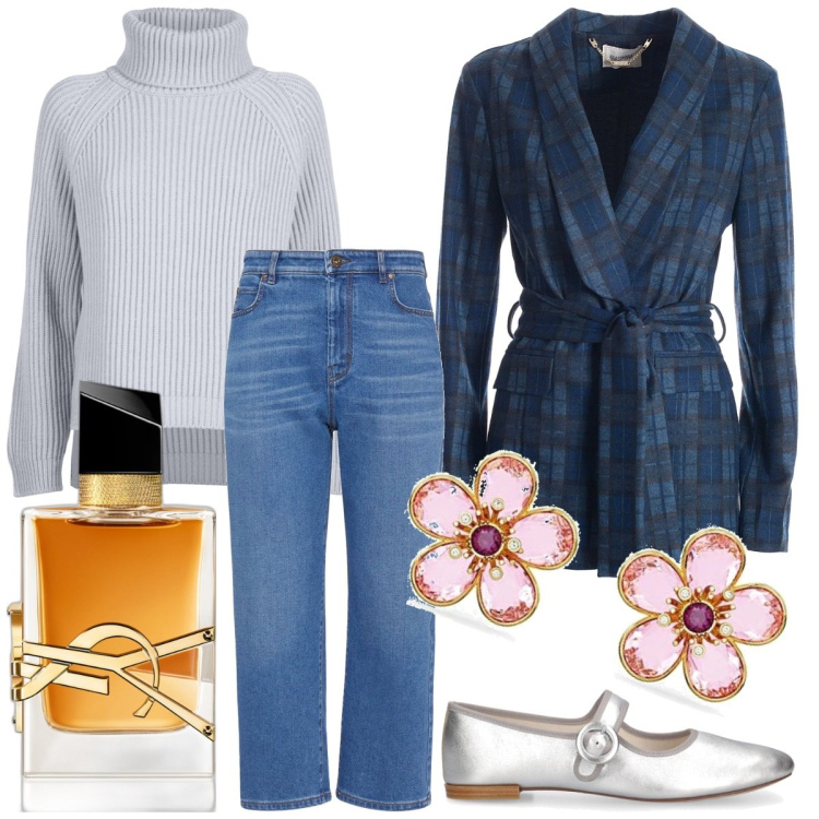 Outfit donna - Fiori di pesco. Stile Preppy per Tutti i giorni. Abbinamento con profumi, blazer, maglieria, ballerine, orecchini, jeans dritti.