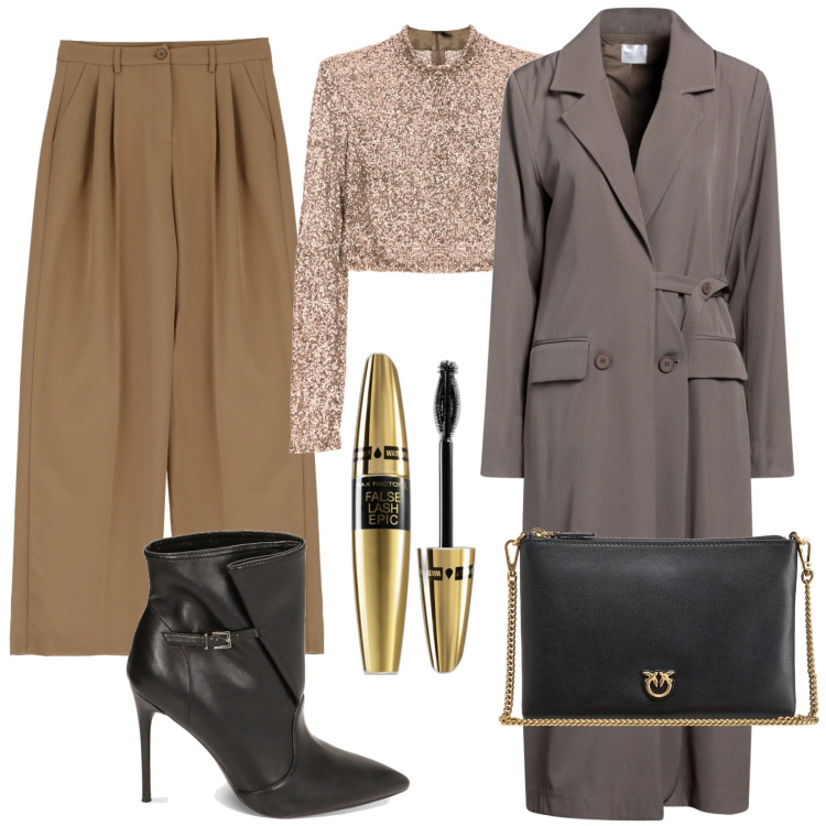 Outfit donna - All That Glitters. Stile Minimal per Tutti i giorni. Abbinamento con cappotti, mascara, borse a tracolla, maglieria, pantaloni a palazzo, stivaletti.
