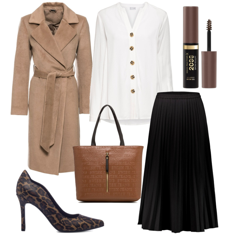 Outfit donna - Elegante con poco. Stile Casual chic per Ufficio. Abbinamento con cappotti, camicie, mascara, décolleté, borse a spalla, gonne lunghe.