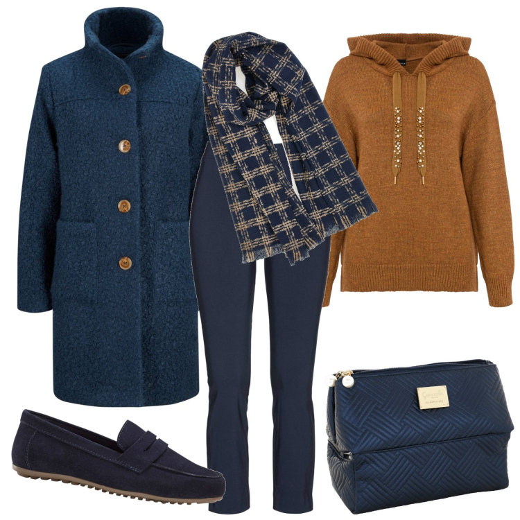 Outfit donna - Casual. Stile Casual per Tutti i giorni. Abbinamento con maglieria, cappotti, pantaloni, mocassini, valigie, sciarpe.