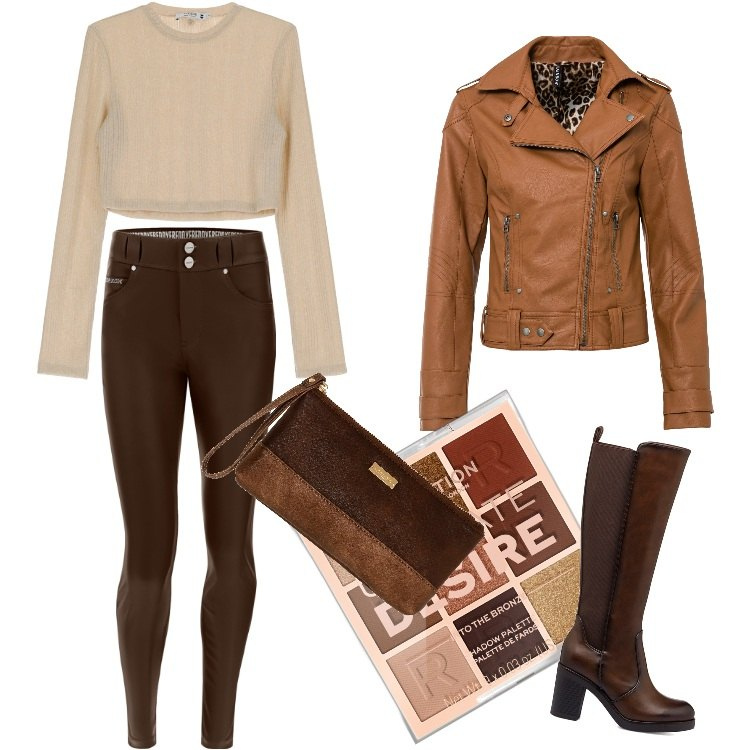 Outfit donna - Total look #1787142. Stile Rock per Serata fuori. Abbinamento con cappotti, ombretti, top, pantaloni, stivali sopra il ginocchio, pochette.