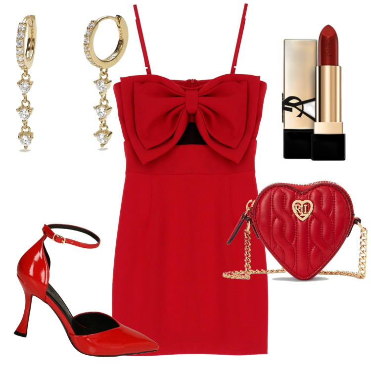 Outfit donna - Capodanno. Stile Glamour per Serata fuori. Abbinamento con rossetti, orecchini, vestiti corti, décolleté, pochette.
