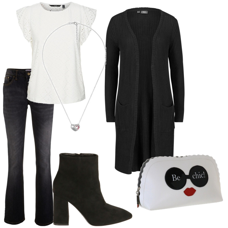 Outfit donna - Total look #1787147. Stile Trendy per Tutti i giorni. Abbinamento con jeans bootcut, cardigans, stivaletti, top, pochette, collane.
