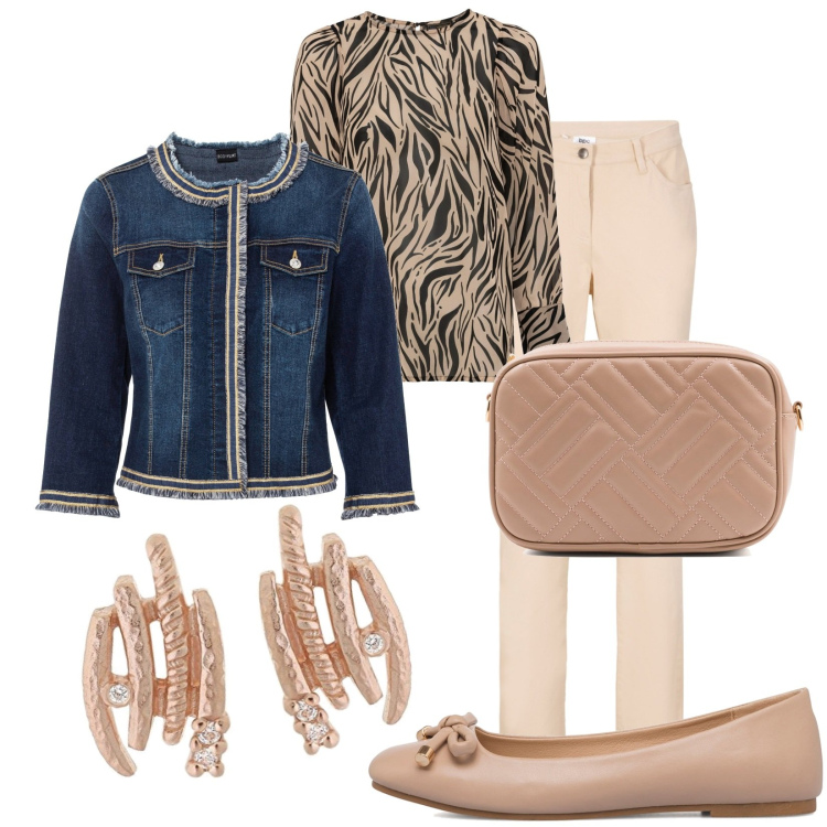 Outfit donna - Very Chic. Stile Chic per Serata fuori. Abbinamento con blazer, bluse, pantaloni, ballerine, borse a tracolla, orecchini.