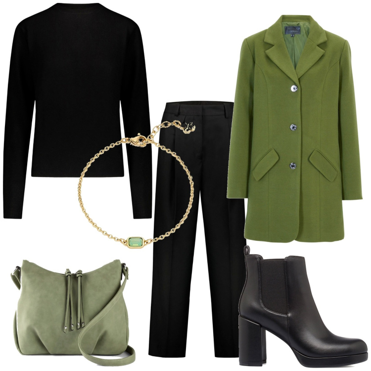 Outfit donna - Total look #1787158. Stile Bon Ton per Ufficio. Abbinamento con cappotti, borse a tracolla, stivaletti, pantaloni, braccialetti, maglieria.