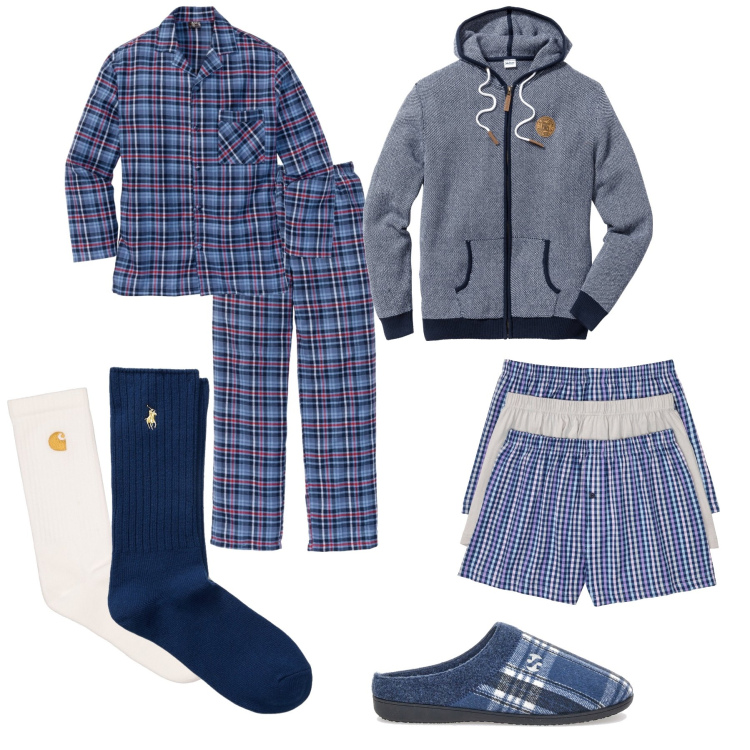 Outfit uomo - Relax per le feste. Stile Trendy per Tutti i giorni. Abbinamento con cardigans, abbigliamento da notte, boxer, calzini, calzini, pantofole.