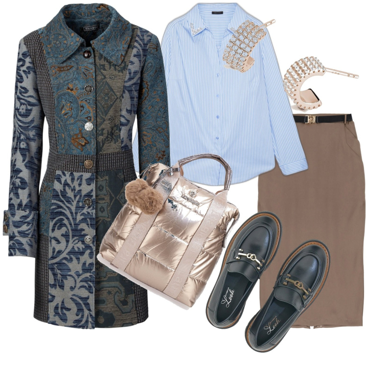 Outfit donna - Total look #1787173. Stile Casual chic per Tutti i giorni. Abbinamento con cappotti, orecchini, gonne longuette, mocassini, zaini, camicie.