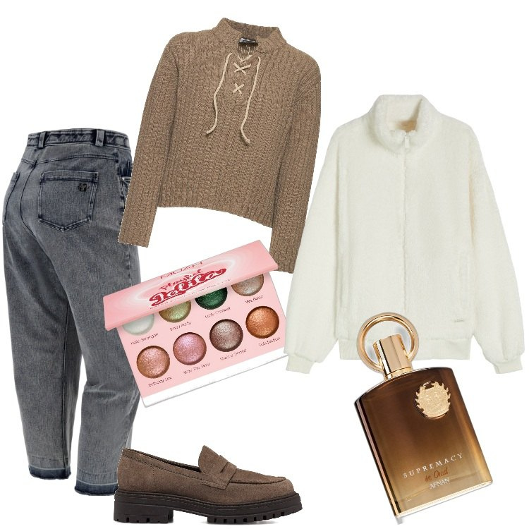 Outfit donna - Total look #1787176. Stile Mannish per Tutti i giorni. Abbinamento con profumi, ombretti, blazer, jeans dritti, mocassini, maglieria.