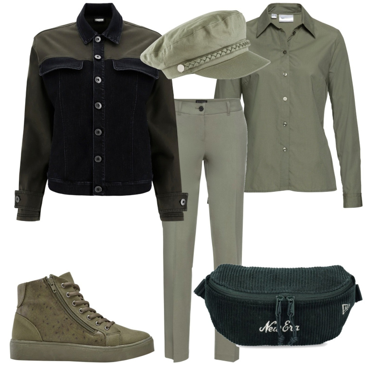 Outfit donna - Total look #1787187. Stile Casual per Tutti i giorni. Abbinamento con pantaloni, camicie, cappelli, sneakers alte, cappotti, marsupi.