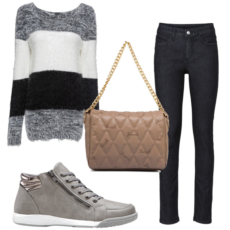 Outfit donna - Total look #1787212. Stile Basic per Tutti i giorni. Abbinamento con sneakers alte, maglieria, jeans skinny, borse a tracolla.