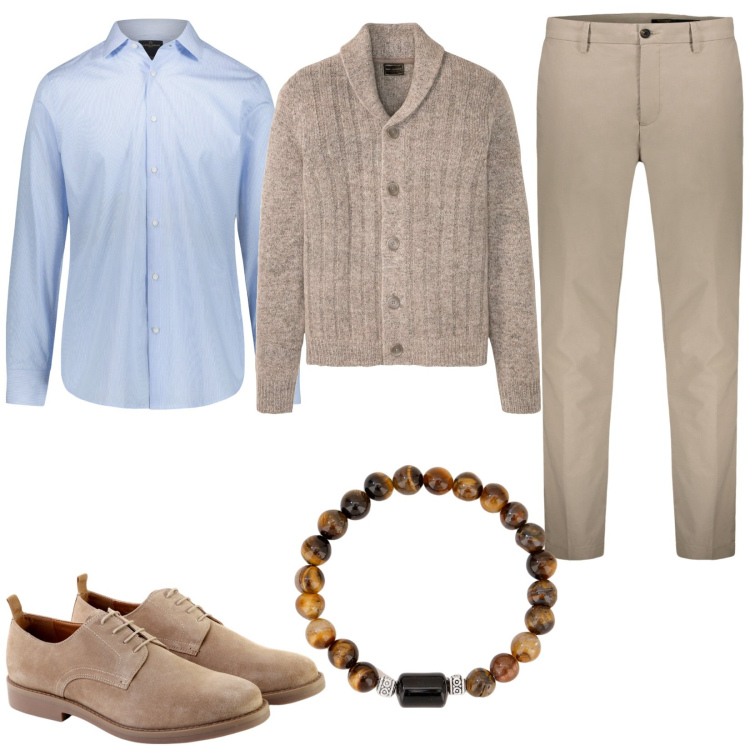 Outfit uomo - Sabbia e azzurro chiaro. Stile Casual per Tutti i giorni. Abbinamento con cardigans, braccialetti, camicie, scarpe stringate, pantaloni.