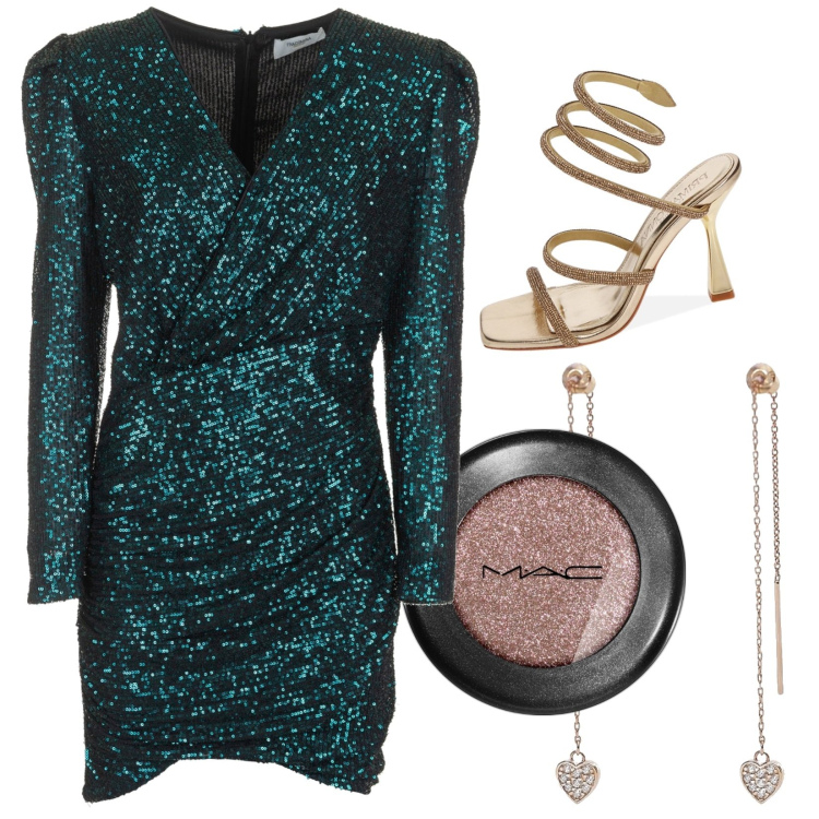 Outfit donna - Simple sparkling. Stile Glamour per Serata fuori. Abbinamento con ombretti, orecchini, vestiti corti, sandali col tacco.