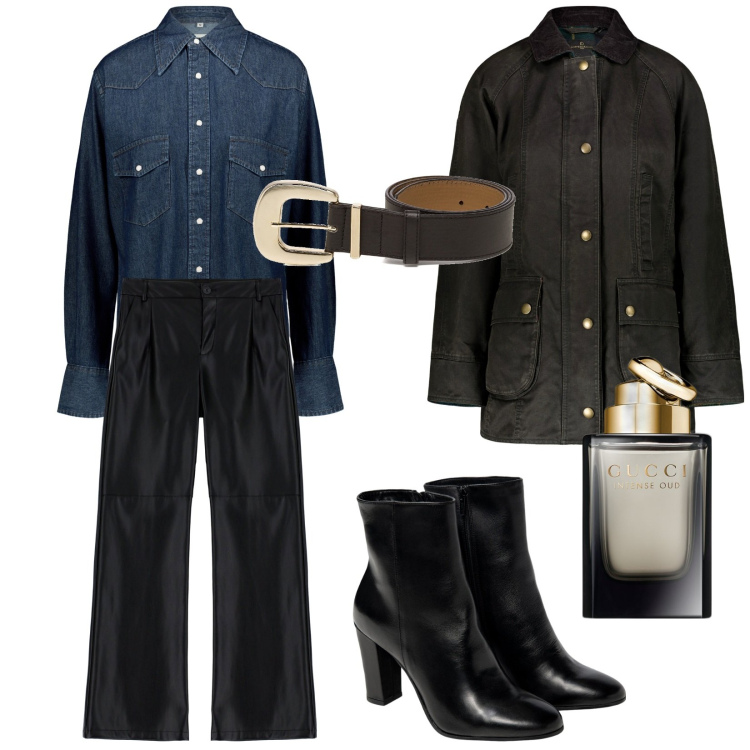 Outfit donna - La camicia denim. Stile Mannish per Tutti i giorni. Abbinamento con profumi, pantaloni a palazzo, cinture, stivaletti, camicie, blazer.
