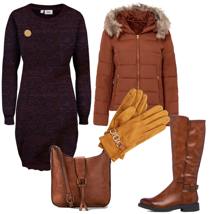 Outfit donna - Il vestito comodo. Stile Basic per Tutti i giorni. Abbinamento con vestiti, giacche, borse a tracolla, guanti, stivali.
