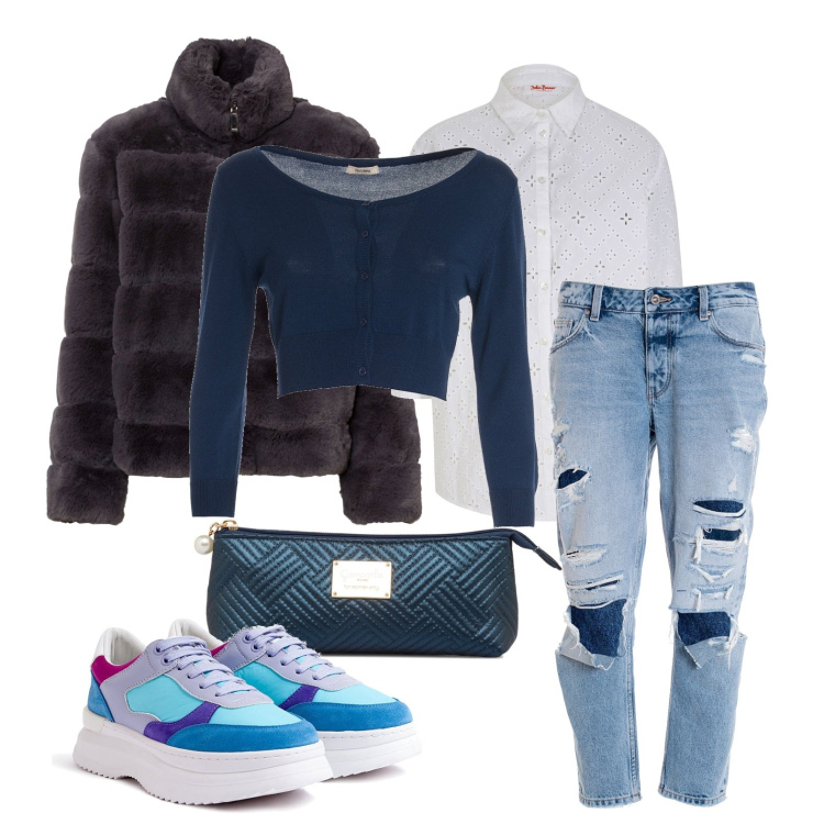 Outfit donna - Ghost outfitter - dicembre. Stile Casual per Tutti i giorni. Abbinamento con ecopellicce, camicie, sneakers, jeans boyfriend, cardigans, valigie.