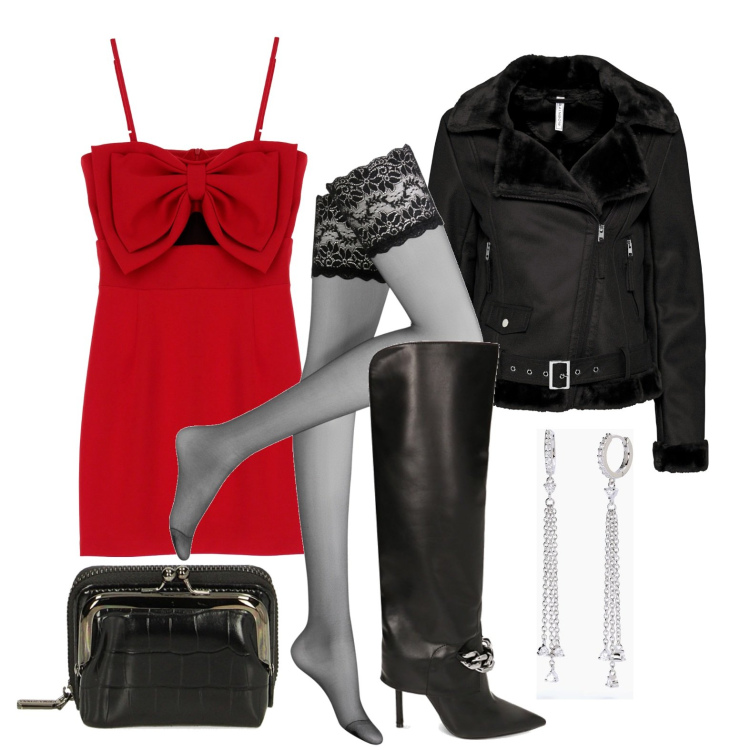 Outfit donna - Ghost outfitter - dicembre. Stile Glamour per Serata fuori. Abbinamento con collant, cappotti, orecchini, vestiti corti, stivali sopra il ginocchio, portamonete.