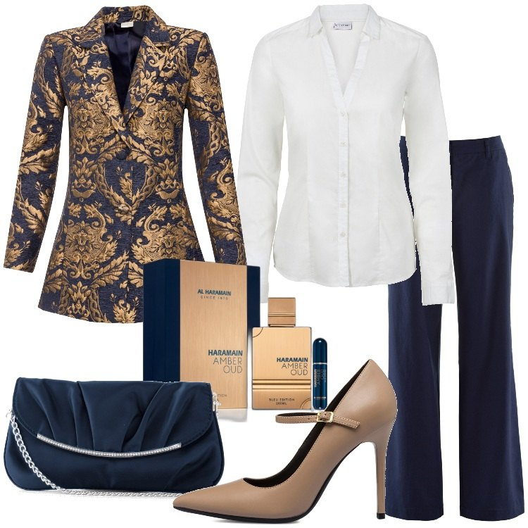 Outfit donna - Chic & cheap. Stile Chic per Serata fuori. Abbinamento con pantaloni, camicie, pochette, cappotti, profumi, décolleté.