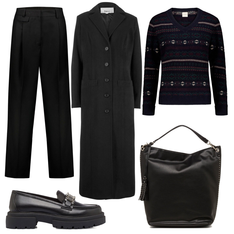 Outfit donna - Mocassino nero. Stile Casual per Tutti i giorni. Abbinamento con cappotti, mocassini, zaini, pantaloni, maglieria.