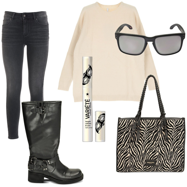 Outfit donna - Tacco 4. Stile Trendy per Tutti i giorni. Abbinamento con primer, jeans skinny, maglieria, borse a spalla, stivaletti, occhiali da sole.