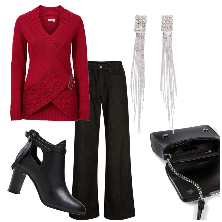 Outfit donna - Capodanno da amici. Stile Urban per Serata fuori. Abbinamento con orecchini, maglieria, jeans, stivaletti, borse a tracolla.