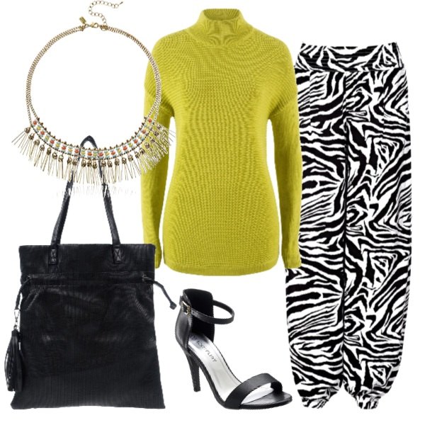 Outfit donna - Etro inspiration. Stile Trendy per Tutti i giorni. Abbinamento con pantaloni a palazzo, pullover collo alto verde e corda, sandali col tacco, borsa a spalla maxi con coulisse interno foderato in pelle sintetica tinta unita, collana verde.
