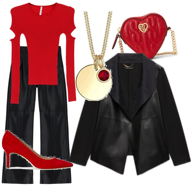 Outfit donna - Capodanno semplice. Stile Casual chic Abbinamento con maglieria, pantaloni a palazzo, décolleté, pochette, collane, blazer.