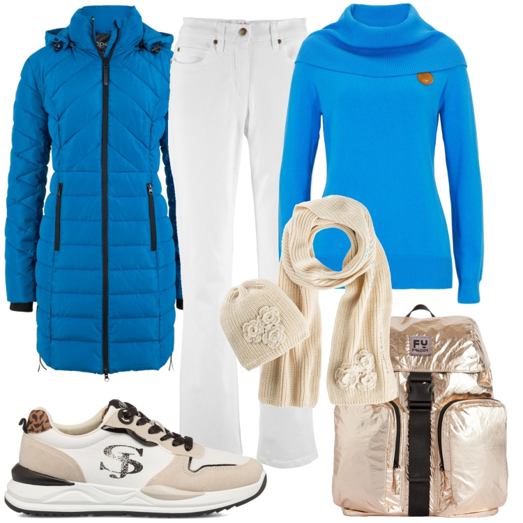 Outfit donna - Total look #1787327. Stile Casual per Tutti i giorni. Abbinamento con blazer, jeans bootcut, maglieria, sciarpe, zaini, sneakers.