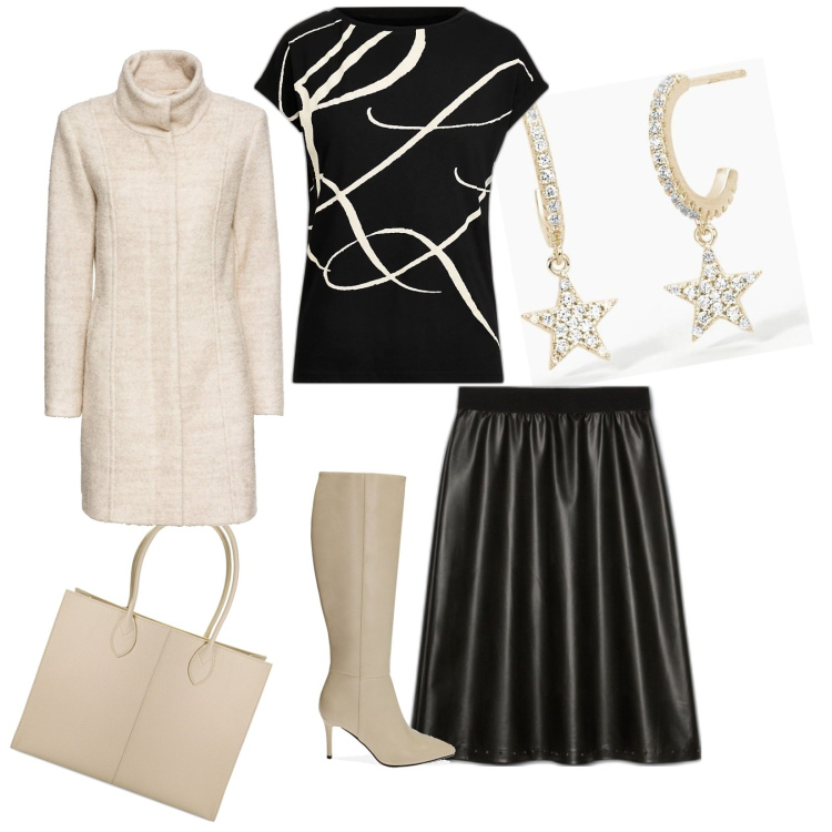 Outfit donna - Black & withe. Stile Casual chic Abbinamento con cappotti, orecchini, stivali, borse a spalla, maglieria, gonne longuette.