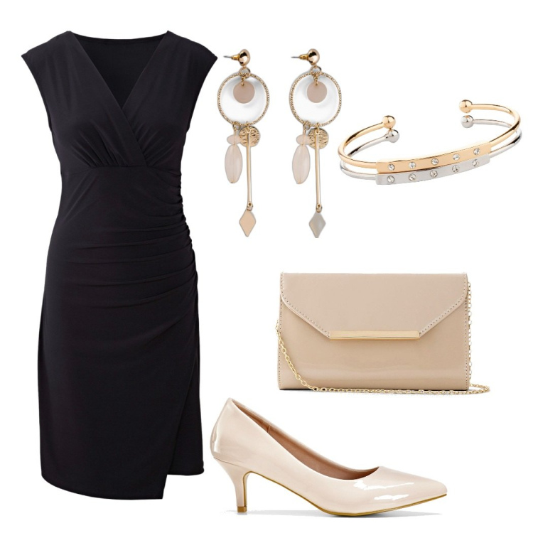 Outfit donna - Tubino nero. Stile Bon Ton per Serata fuori. Abbinamento con pochette, orecchini, vestiti, décolleté, braccialetti.