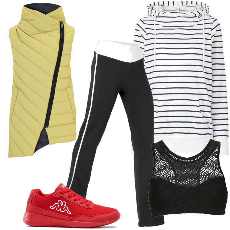 Outfit donna - Total look #1787366. Stile Basic per Sport. Abbinamento con felpe con cappuccio, top, gilet, pantaloni a palazzo, sneakers.