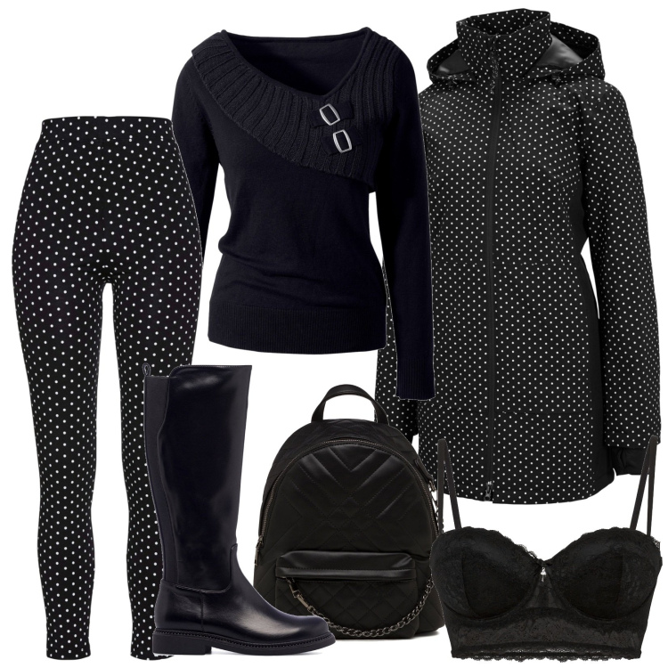 Outfit donna - Total look #1787379. Stile Basic per Tutti i giorni. Abbinamento con maglieria, reggiseni a balconcino, cappotti, leggings, stivali, zaini.