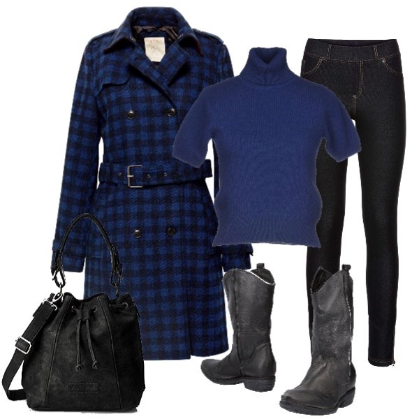 Outfit donna - Trendy #23144. Stile Trendy per Tutti i giorni. Abbinamento con jeggings, maglioncino senza tasche lavorato a maglia collo a dolcevita a maniche corte tinta unita, stivali in pelle martellata con tacco squadrato e zip a punta tinta unita, giubbotto multicolore e navy, borsa a spalla nero.