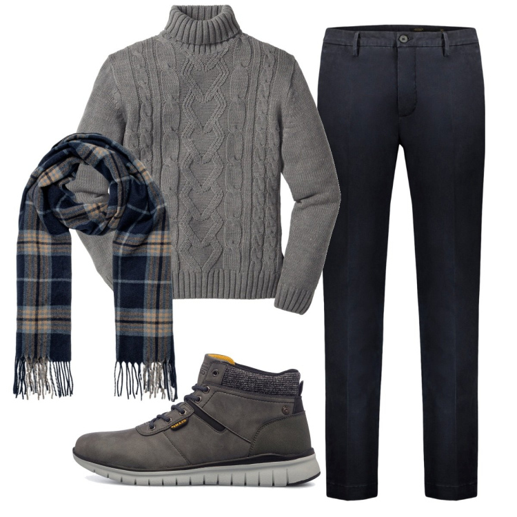 Outfit uomo - Total look #1787381. Stile Casual per Ufficio. Abbinamento con maglieria, stivali e stivaletti, sciarpe, pantaloni.