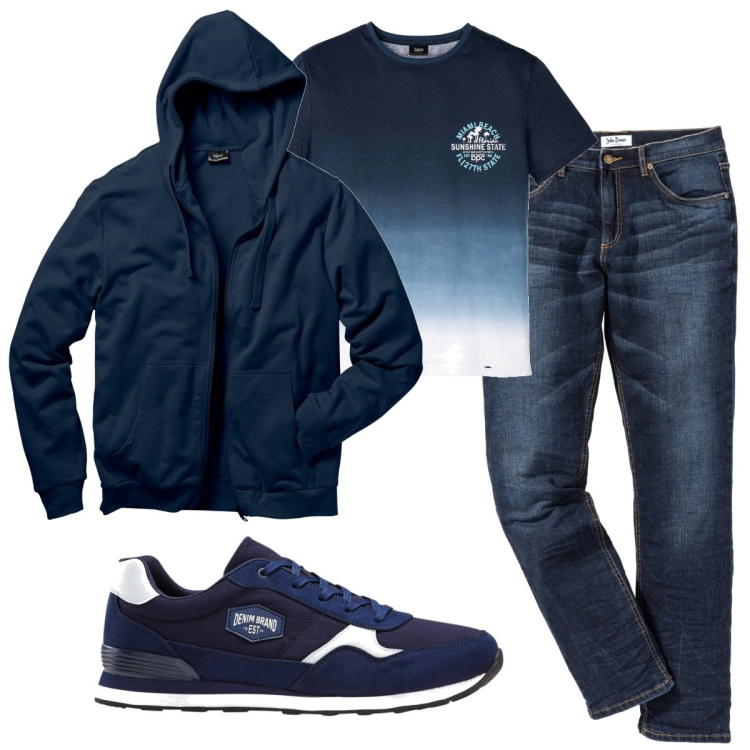 Outfit uomo - Total look #1787405. Stile Casual per Tutti i giorni. Abbinamento con felpe con cappuccio, jeans slim fit, sneakers, t-shirt.