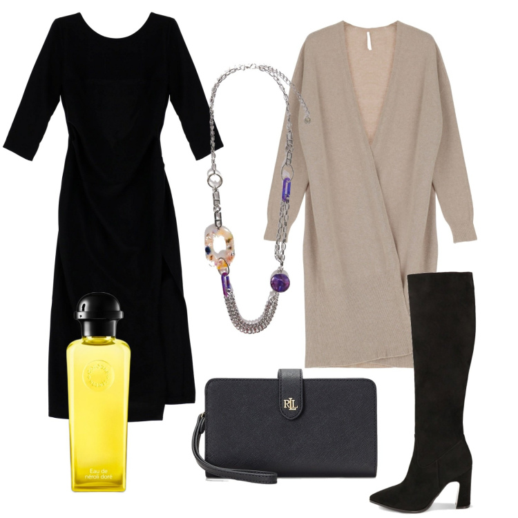 Outfit donna - Total look #1787407. Stile Chic per Serata fuori. Abbinamento con profumi, vestiti lunghi, cardigans, stivali sopra il ginocchio, pochette, ciondoli.