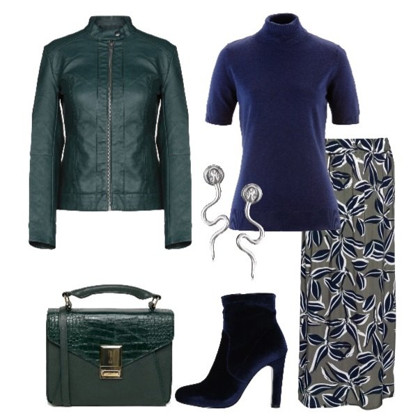 Outfit donna - Verde e blu. Stile Trendy per Tutti i giorni. Abbinamento con giubbotto collo coreana a maniche lunghe con zip interno foderato in pelle sintetica tinta unita, stivaletti con zip e punta tonda in velluto tinta unita, maglieria, gonna, vestito cartella petite con manico e spalline con zip in denim, orecchini in placcato argento.
