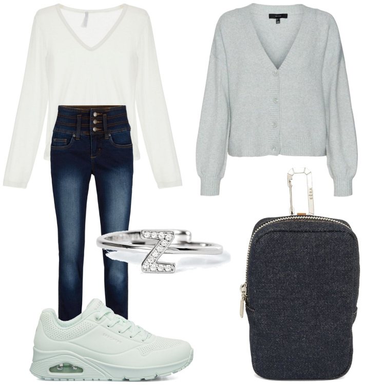 Outfit donna - Total look #1787420. Stile Casual per Tutti i giorni. Abbinamento con jeans, anelli, t-shirt, sneakers, cardigans, pochette.