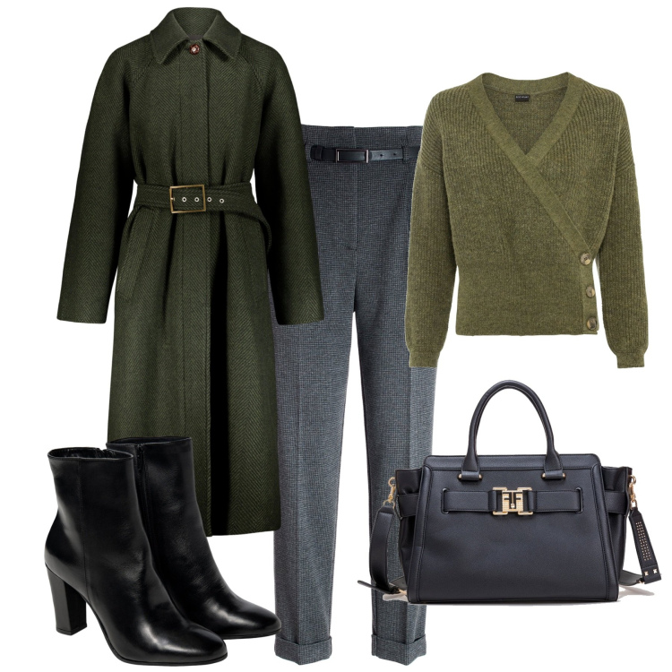 Outfit donna - In città. Stile Casual chic per Tutti i giorni. Abbinamento con maglieria, pantaloni, borse tote, cappotti, stivaletti.