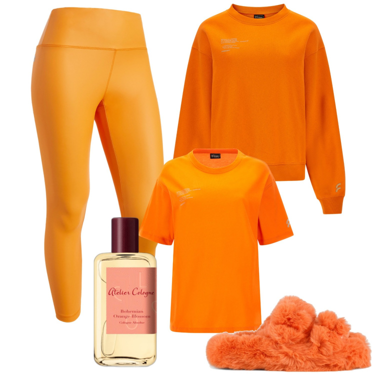 Outfit donna - Relax sul divano. Stile Basic per Tutti i giorni. Abbinamento con profumi, treggings, felpe, t-shirt, ciabatte.