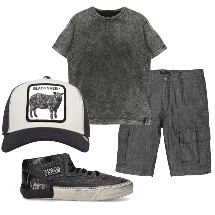 Outfit uomo - Black sheep. Stile Trendy per Tutti i giorni. Abbinamento con bermuda, t-shirt, cappelli, sneakers.