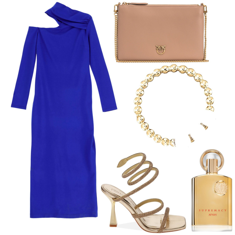 Outfit donna - Blue elettrico a fine anno. Stile Glamour per Serata fuori. Abbinamento con profumi, borse a tracolla, vestiti midi/longuette, sandali col tacco, orecchini.