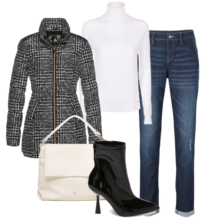 Outfit donna - Pied de poule. Stile Casual per Tutti i giorni. Abbinamento con jeans boyfriend, giacche, maglieria, stivaletti, borse a spalla.