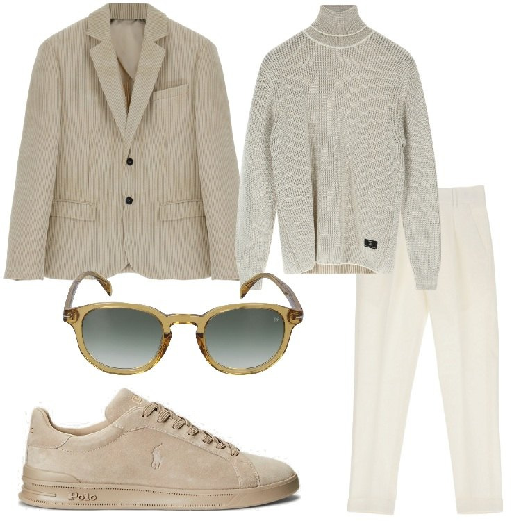 Outfit uomo - Tonalità chiare in total look. Stile Trendy per Tutti i giorni. Abbinamento con pantaloni, giacche, maglieria, sneakers, occhiali da sole.